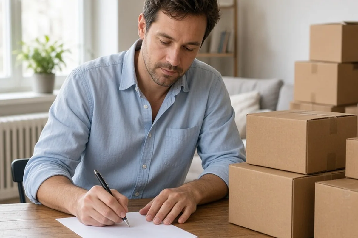 A man in his mid-thirties with short brown hair wearing a casual light blue shirt and dark jeans sits at a wooden table in his apartment, writing on a piece of paper with a pen while surrounded by car
