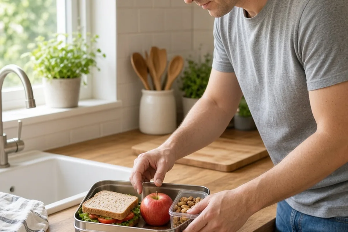 A man in his mid-thirties packing a lunch box with sandwich and apple in a bright home kitchen