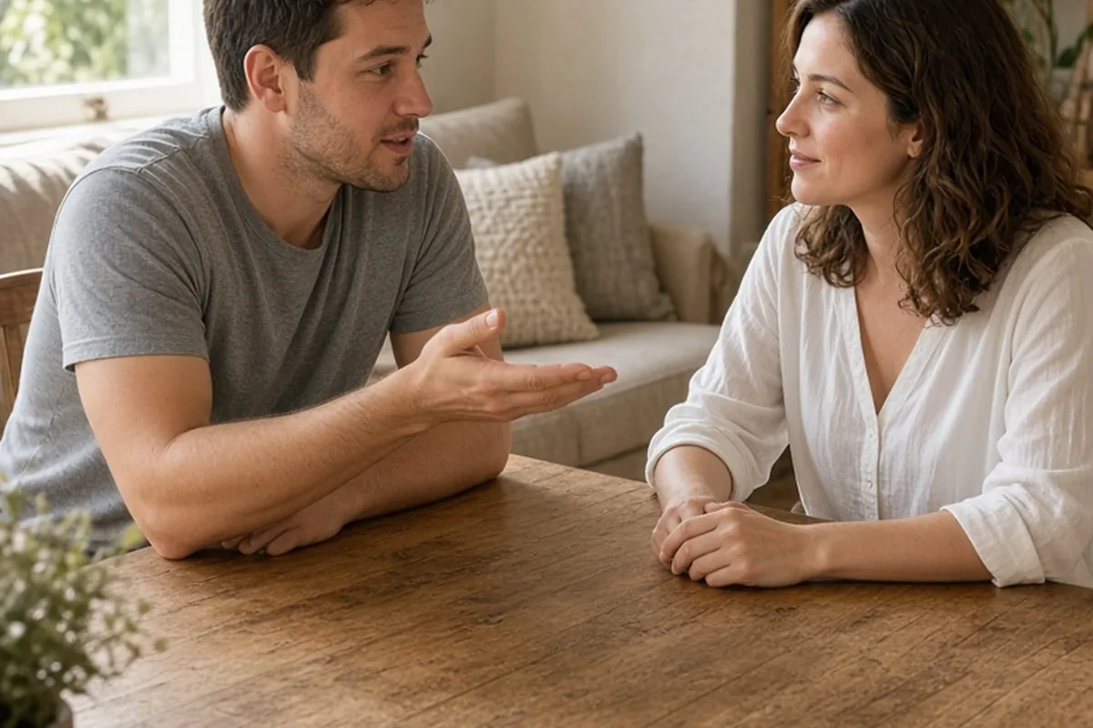 A man pointing to his palm while talking to a woman at a table in a living room