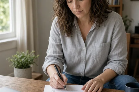 A clearly adult woman in her mid-thirties with shoulder-length wavy brown hair writes a detailed checklist on paper at a wooden desk in a home office, surrounded by travel brochures and a laptop, in a
