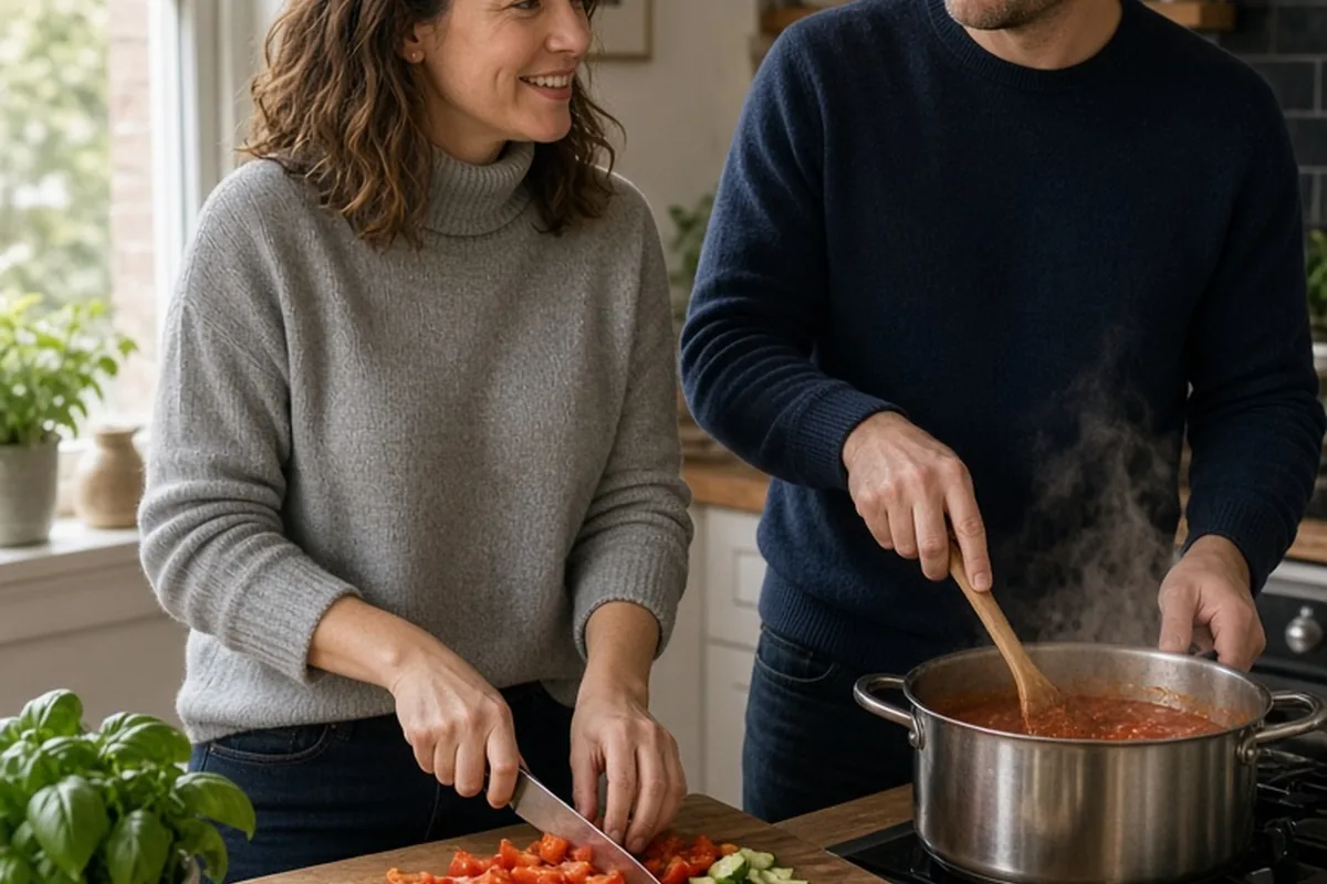 A couple in a cozy kitchen preparing pasta together, the woman chopping vegetables and the man stirring sauce on the stove with natural smiles and conversation