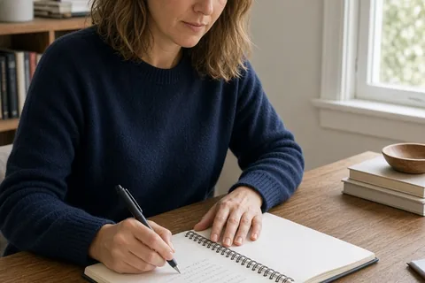 A woman in her thirties sitting at a wooden desk writing in an open spiral notebook with a pen