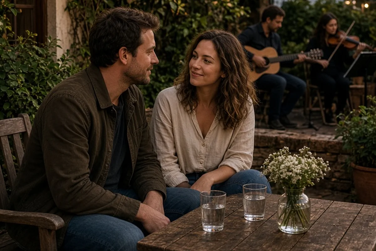 A man and a woman sitting at a table in an outdoor courtyard listening to music, with plants and lights in the background
