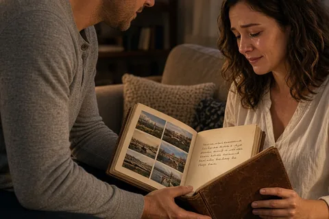 A man in his thirties handing a leather-bound journal to a woman in her thirties seated on a sofa in a living room as she reads the poem.