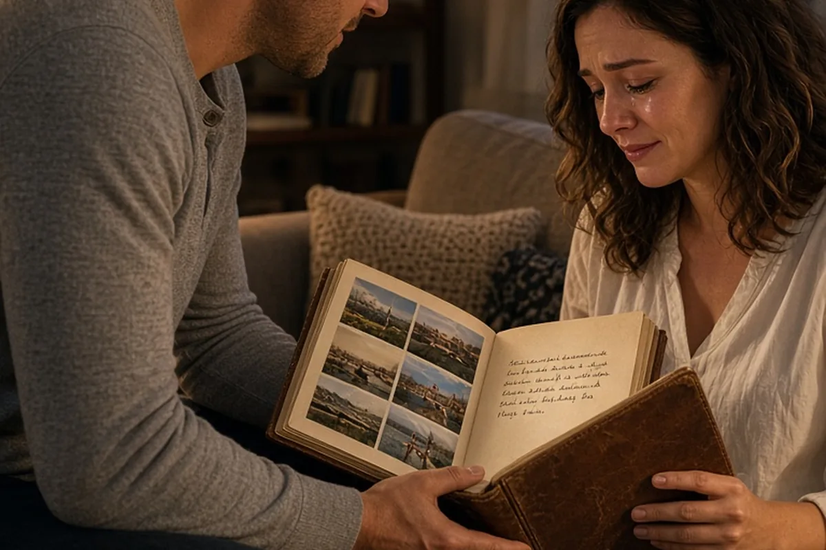 A man in his thirties handing a leather-bound journal to a woman in her thirties seated on a sofa in a living room as she reads the poem.