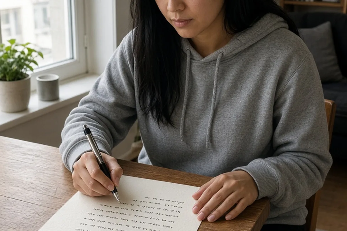 Woman writing Star Wars-themed wedding vows on cardstock at a desk with a pen