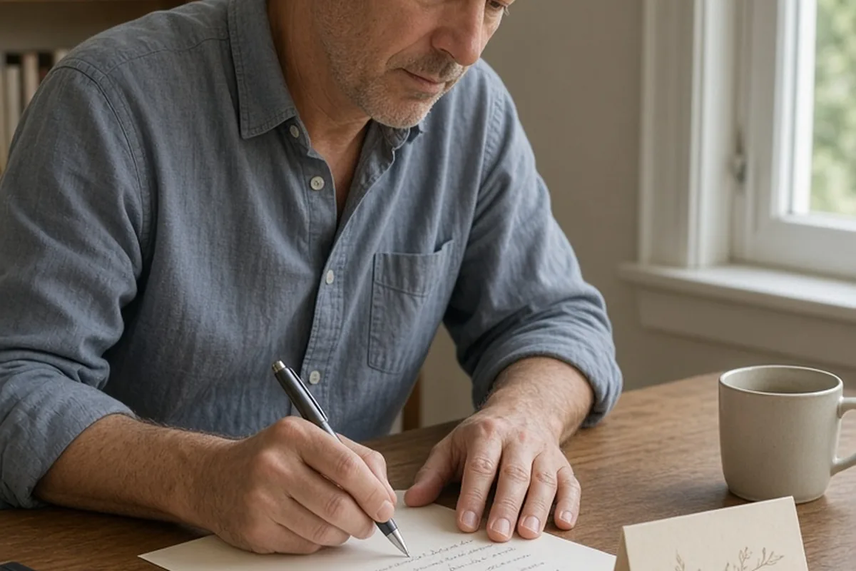 A clearly adult man in his forties with short graying hair writing with a pen on paper at a wooden desk under soft natural daylight from a window on the right