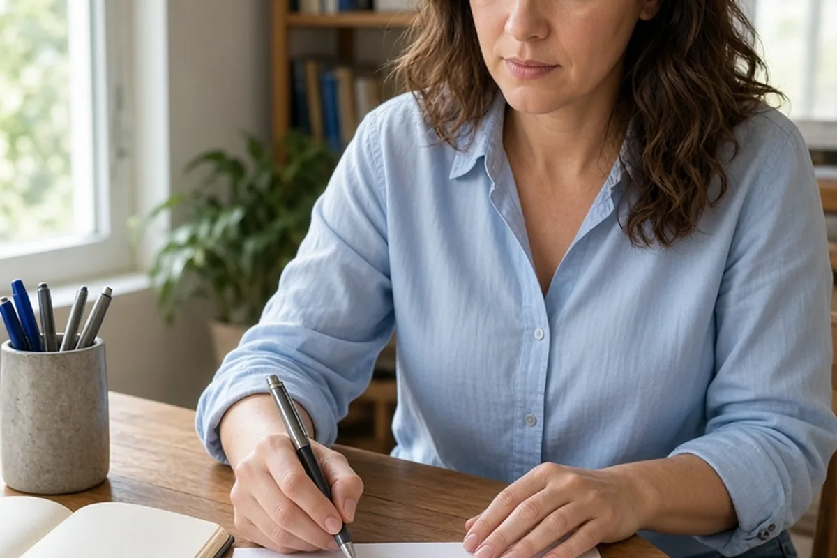 A woman writing notes on paper at a wooden desk in a bright office.