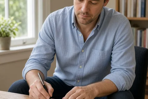 groom writing on index cards at wooden desk in home office