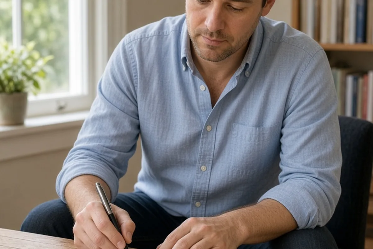 groom writing on index cards at wooden desk in home office