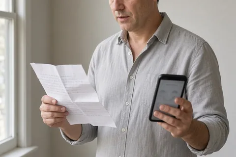 A man in his forties with salt-and-pepper hair wearing a gray shirt stands in an empty room holding a paper draft and a smartphone while reading his wedding toast rehearsal.