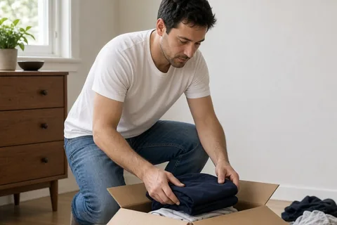 A man in his thirties with short dark hair wearing a simple white t-shirt and blue jeans packing folded clothes into cardboard boxes in a bright neutral apartment bedroom.