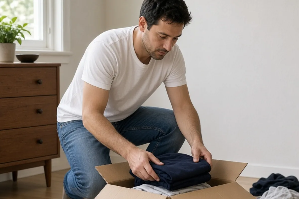 A man in his thirties with short dark hair wearing a simple white t-shirt and blue jeans packing folded clothes into cardboard boxes in a bright neutral apartment bedroom.