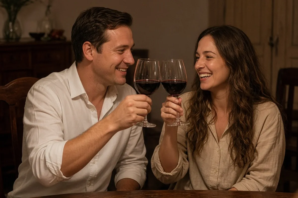 A couple toasting with wine glasses at a dining table, smiling while announcing their engagement