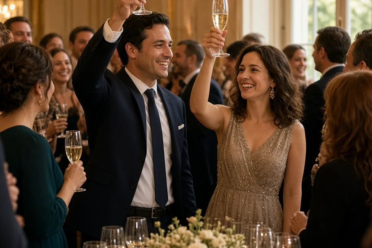 The engaged couple toasting with champagne glasses at a lively engagement party