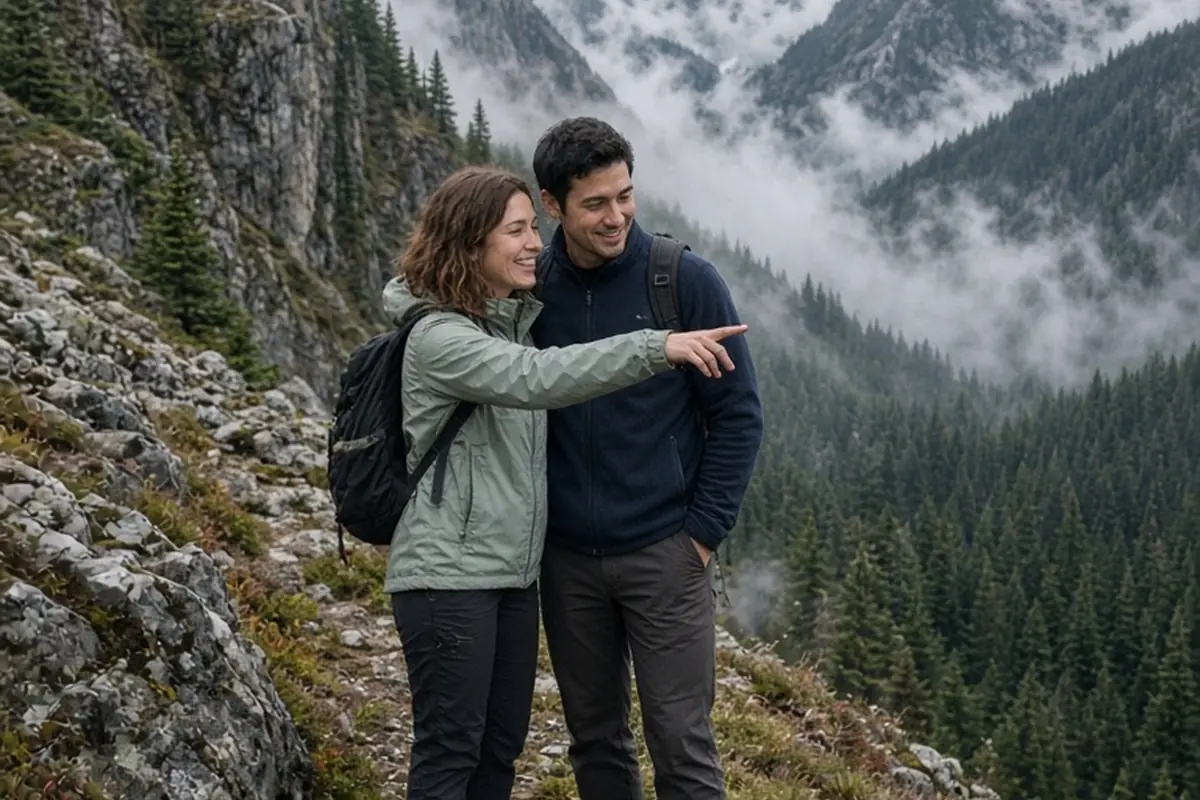 Couple standing on a misty mountain ridge during their engagement photoshoot with dramatic views of the Pacific Northwest wilderness