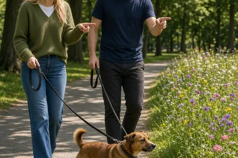 A clearly adult woman and man walking side by side in a sunny park holding leashes to their small dog as they smile and gesture at flowers along the path.