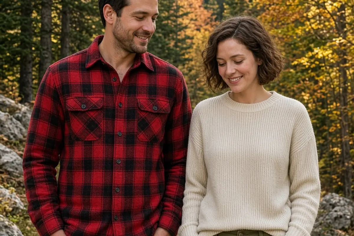 Two men in their thirties standing side by side in an alpine forest, one in a red and black buffalo plaid flannel shirt and dark jeans, the other in an oatmeal crewneck sweater and olive chinos, with 