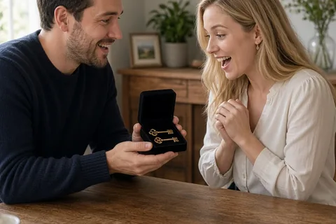A man with short brown hair wearing a dark sweater opening a black velvet ring box to reveal custom brass keys to a woman with long blonde hair wearing a light blouse