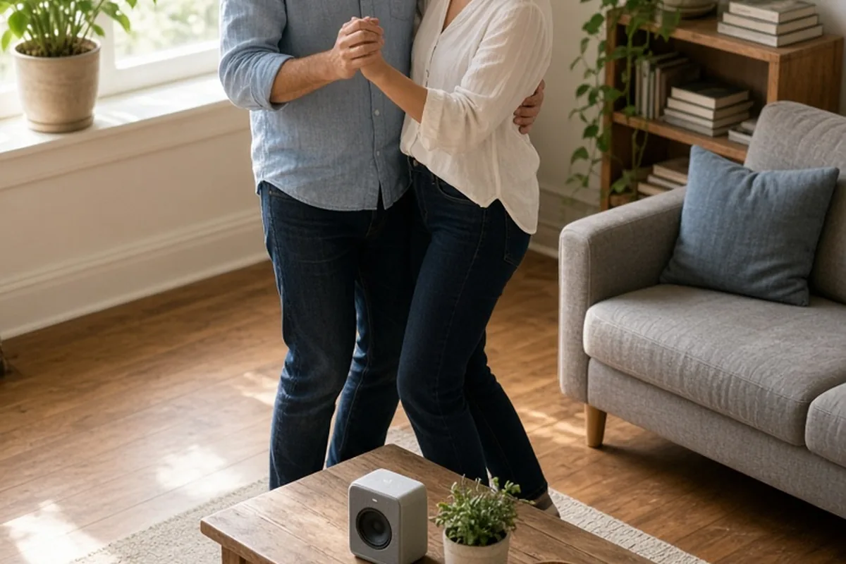 A man and woman in their thirties and late twenties swaying together in a living room while practicing their first dance