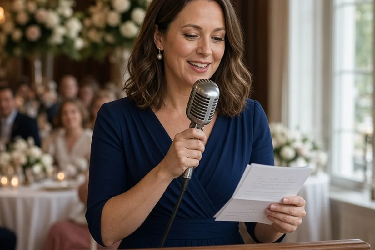 A woman in her late thirties delivering a wedding speech at a reception hall, holding a microphone and reading from note cards