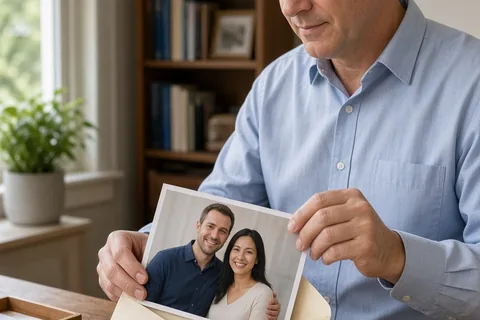 A man at a wooden desk placing a printed engagement portrait photo into an envelope