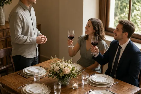 A man in a collared shirt reciting a poem at a dining table as the engaged couple raises glasses in a toast