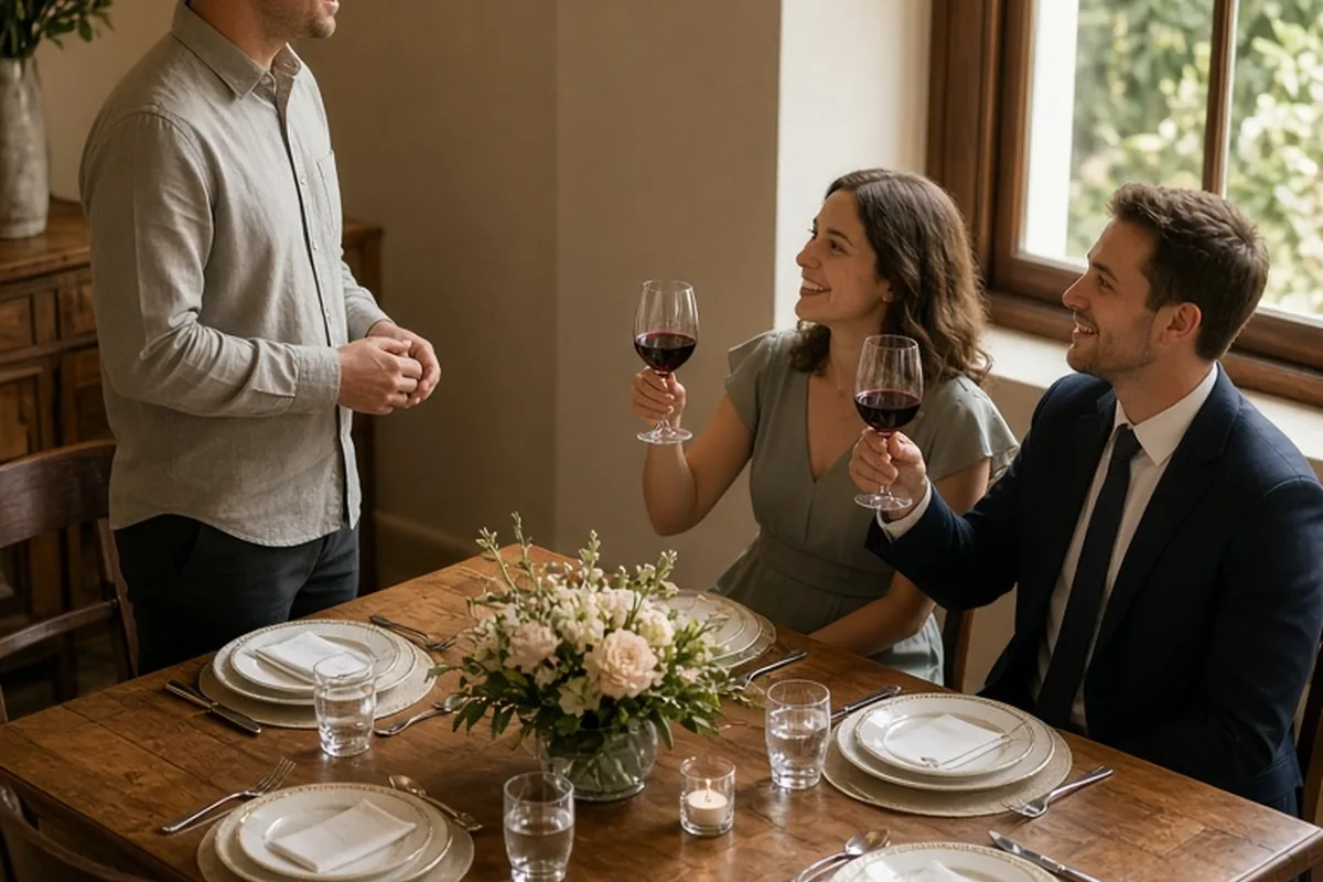 A man in a collared shirt reciting a poem at a dining table as the engaged couple raises glasses in a toast