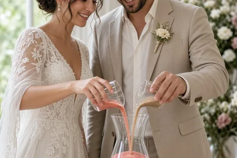 couple pouring colored sands into a glass vessel on a wedding table