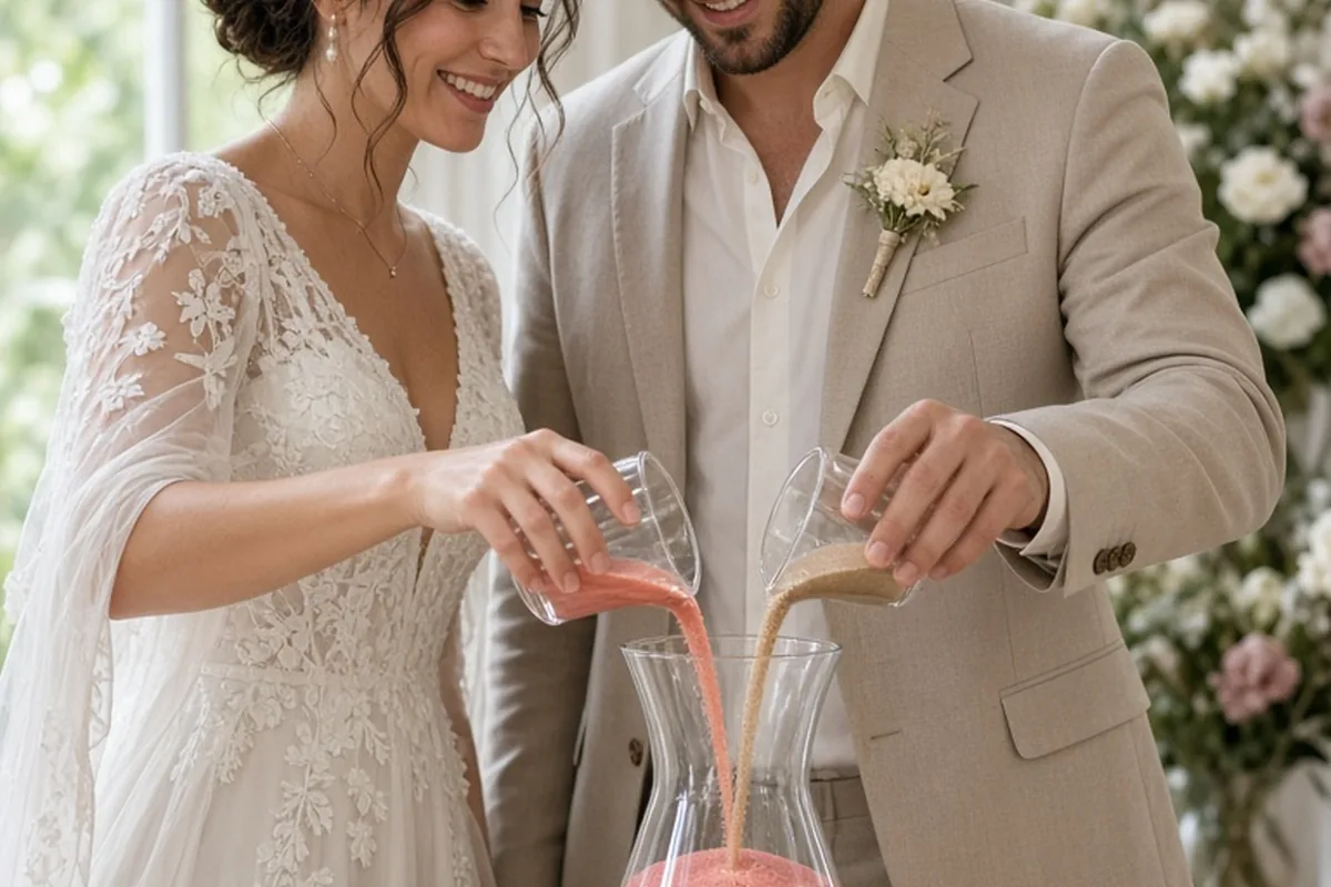 couple pouring colored sands into a glass vessel on a wedding table