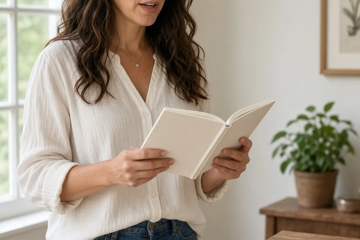 A clearly adult woman in her mid-thirties with long wavy dark brown hair wearing a simple blouse and jeans holds an open vow book and reads her vows in a bright room with natural window light