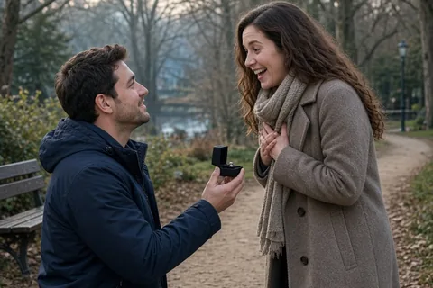 A man presenting a ring box to a smiling woman during an early morning walk in a scenic local park with trees lining the path