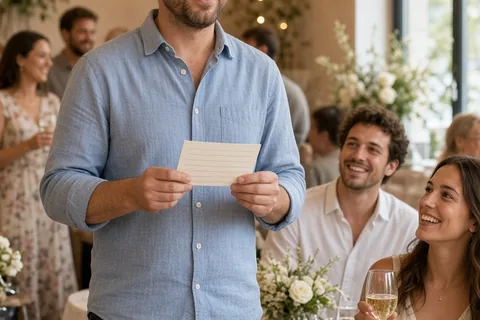 A man in his mid-thirties holding an index card at chest level while speaking to the engaged couple seated at a party table
