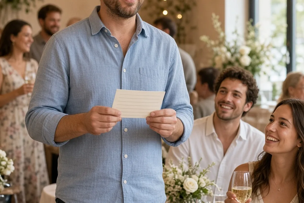 A man in his mid-thirties holding an index card at chest level while speaking to the engaged couple seated at a party table