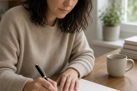 A woman writing in a spiral notebook at a wooden desk with fountain pen