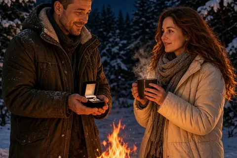 A man standing by a bonfire in the snow holding a ring box preparing to propose to a woman holding hot cider in a snowy night setting