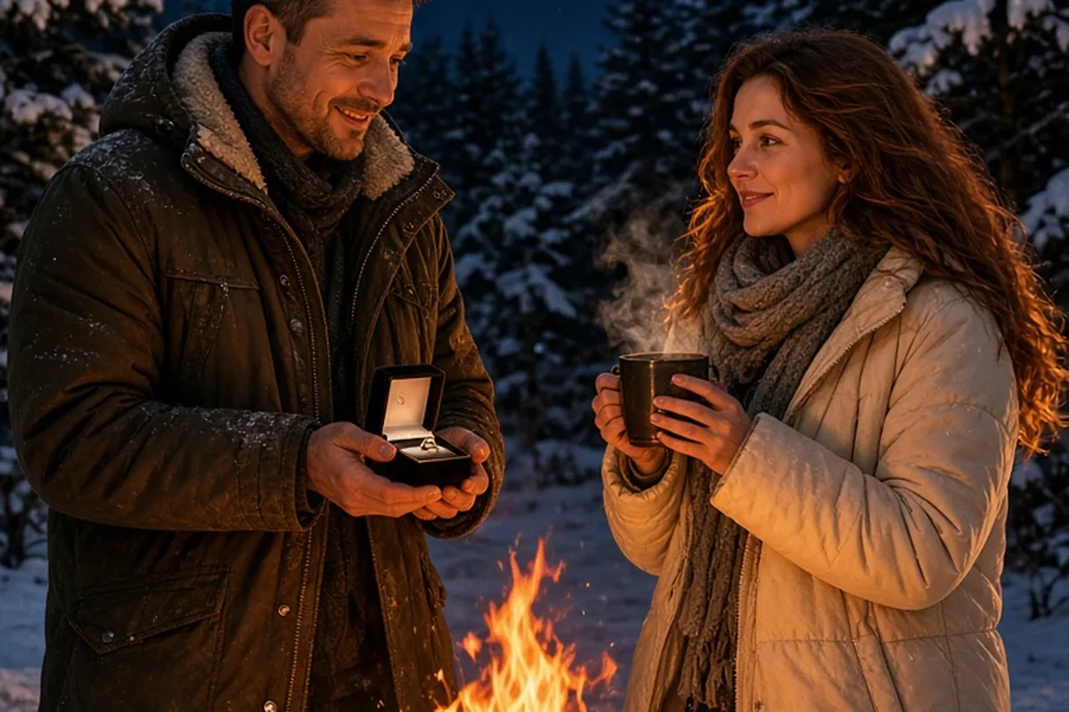 A man standing by a bonfire in the snow holding a ring box preparing to propose to a woman holding hot cider in a snowy night setting