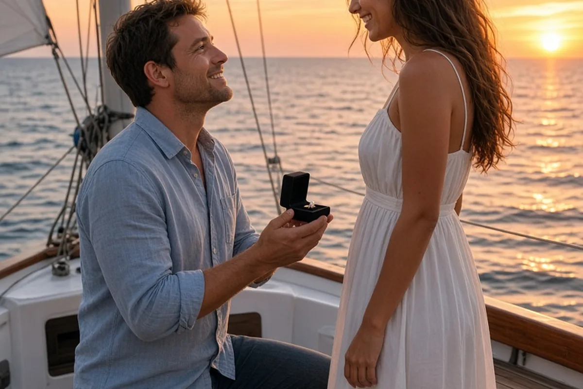 Man kneeling on sailboat deck proposing marriage to woman with ocean sunset in the background