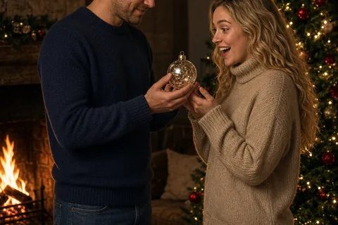 A man handing a custom Christmas ornament to a woman beside a decorated tree in a living room on Christmas Eve
