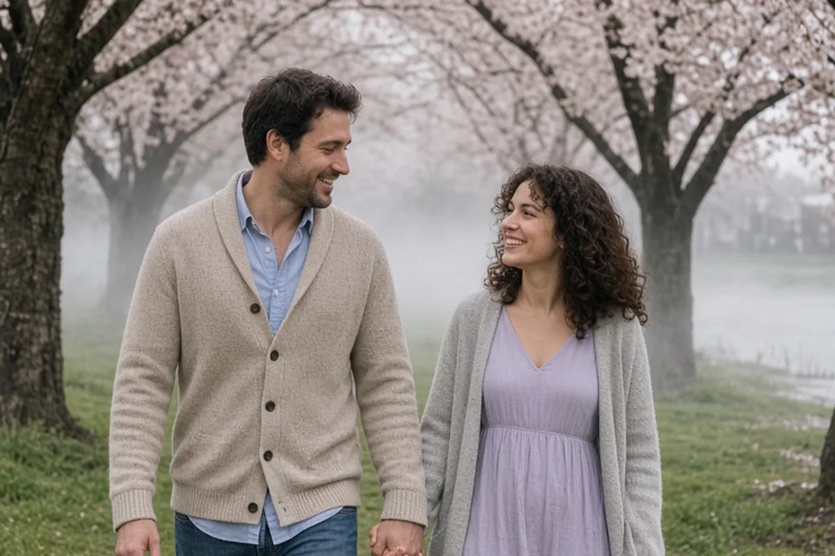 Couple walking hand in hand through a misty cherry blossom grove at dawn with soft morning light