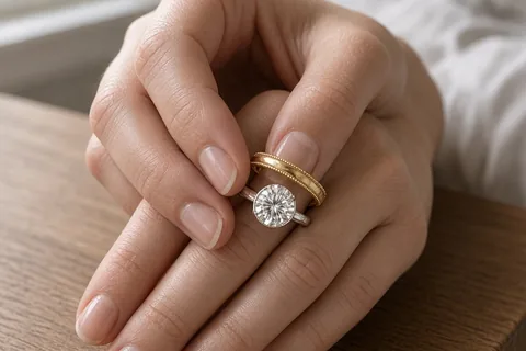 Close-up of a woman's hand stacking a small engagement ring with a wedding band on a wooden nightstand in a bedroom from an overhead angle.