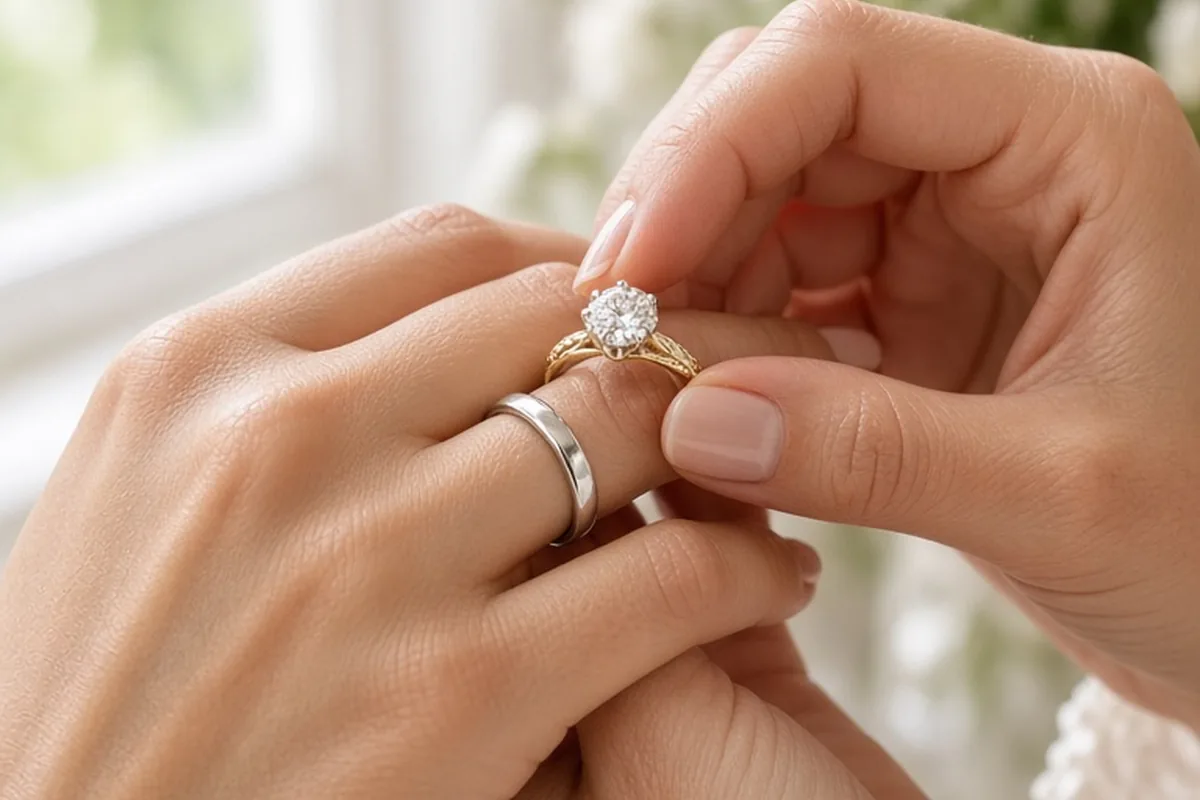 Close-up of a woman's hand with a simple wedding band on the finger and an engagement ring with a large diamond centered on top stacked together