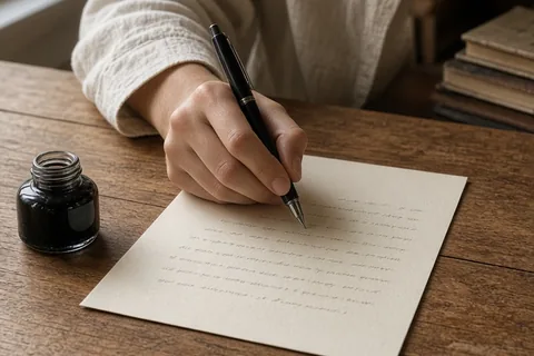 Close-up of hands writing on cardstock at a desk with a pen in a cozy study