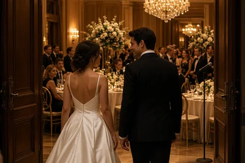 A bride and groom entering a wedding reception through large doors, the groom in a black tuxedo and the bride in a white gown with veil, walking side by side as the formal celebration begins.