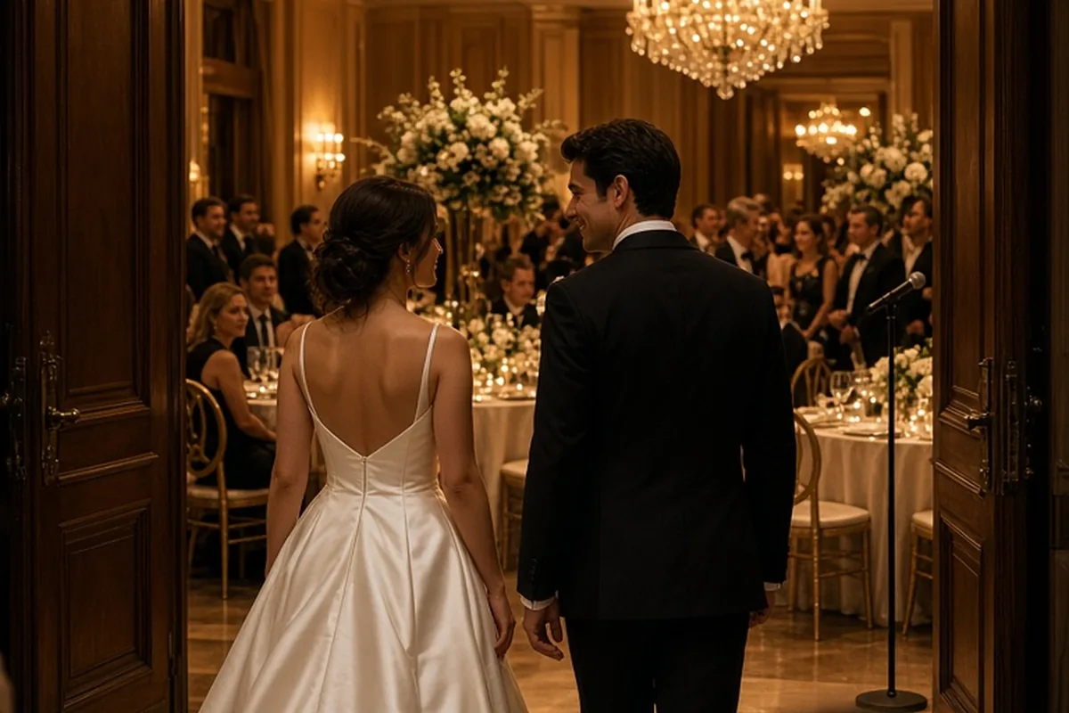 A bride and groom entering a wedding reception through large doors, the groom in a black tuxedo and the bride in a white gown with veil, walking side by side as the formal celebration begins.