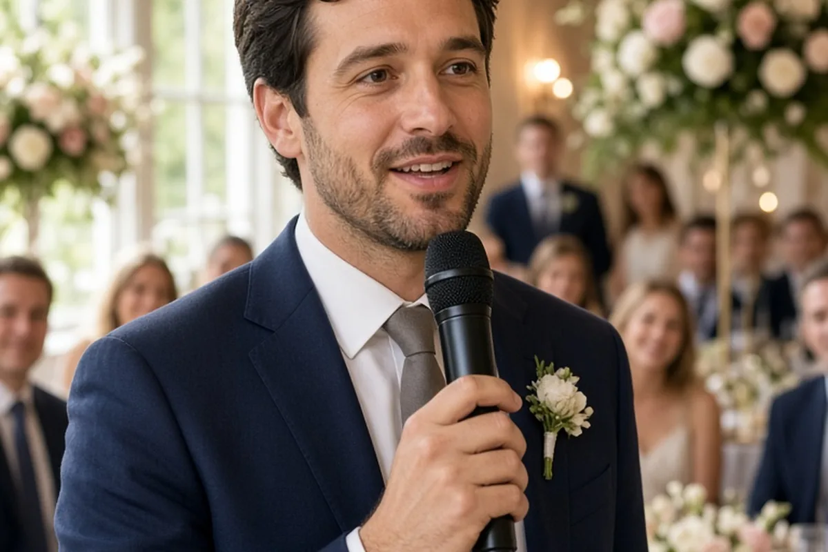 Man in a suit holding a microphone to his mouth as he delivers a wedding toast in a decorated hall