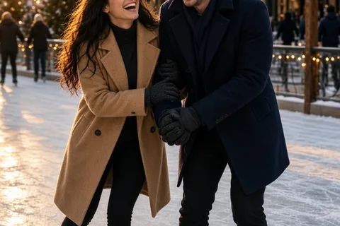 Young engaged couple ice skating hand-in-hand on a decorated winter rink, smiling and gliding together