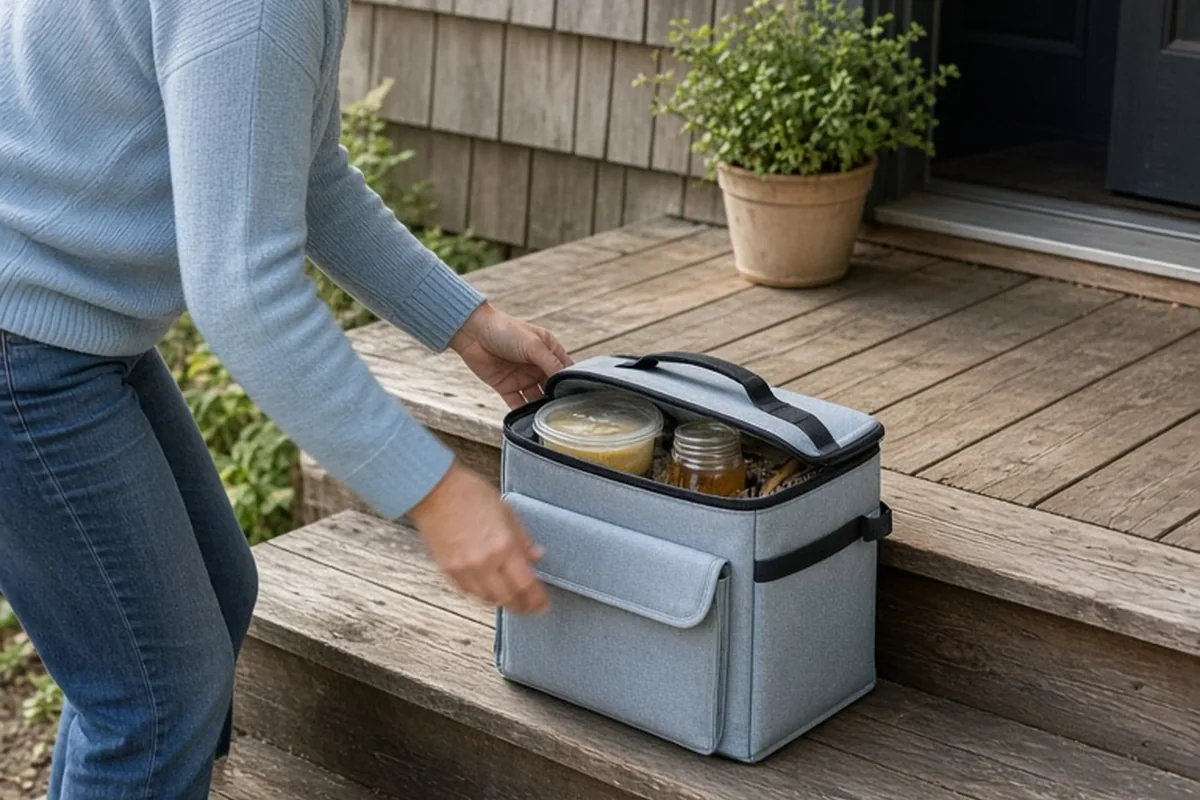 A woman in casual clothes placing an insulated cooler bag on the wooden steps of a suburban house front porch