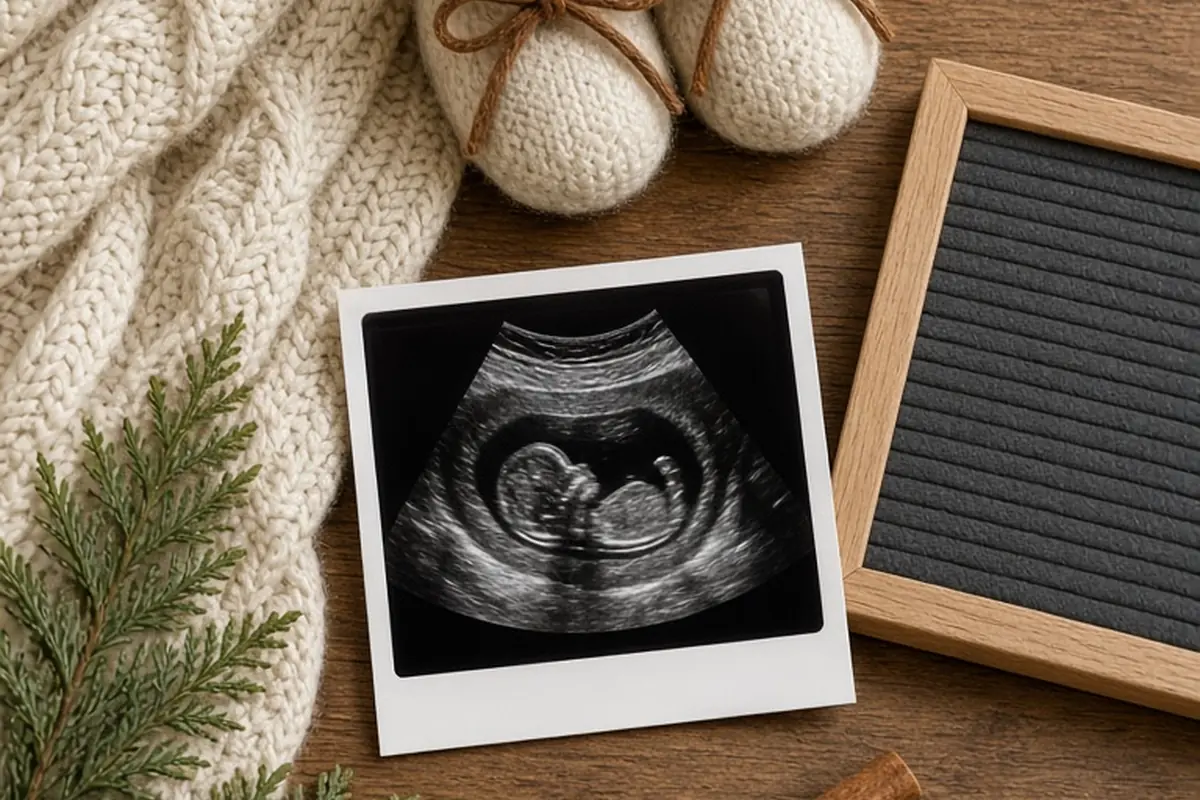 A sonogram printout centered in a flat lay arrangement on a wooden table with a cream cable-knit blanket, accompanied by miniature wool booties, a cinnamon stick, a cedar sprig, and a small felt lette