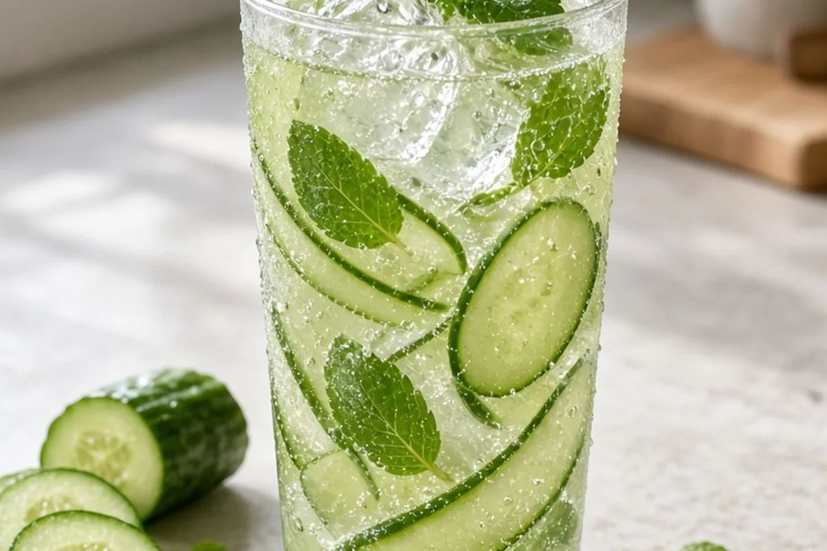 A tall glass of cucumber mint cooler mocktail with fresh mint crown and cucumber ribbons over ice on a kitchen counter